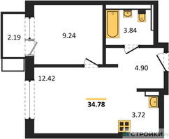 Планировка однокомнатной(квартира) площадью 34.78 квадратных метров в “ЖК Новое Видное”