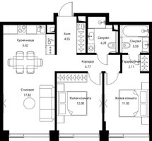 Планировка двухкомнатной(квартира) площадью 67.47 квадратных метров в “ЖК Сити Бэй”