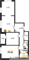 Планировка трехкомнатной(квартира) площадью 70.1 квадратных метров в “ЖК ЮЖНАЯ БИТЦА”