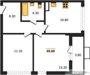 Планировка двухкомнатной(квартира) площадью 49.6 квадратных метров в ЖК “ЖК Бунинские кварталы”