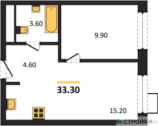 Планировка однокомнатной(квартира) площадью 33.3 квадратных метров в ЖК “ЖК Foreville (Форевилль)”
