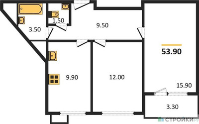 Планировка двухкомнатной(квартира) площадью 53.9 квадратных метров в ЖК “ЖК Датский Квартал”