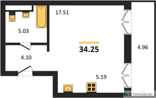 Планировка студии(квартира) площадью 34.25 квадратных метров в “ЖК Одинбург”