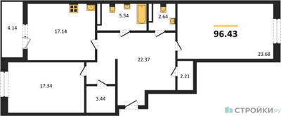 Планировка двухкомнатной(квартира) площадью 96.43 квадратных метров в ЖК “ЖК Riga Hills (Рига Хиллс)”