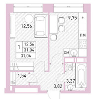 Планировка однокомнатной(квартира) площадью 30.9 квадратных метров в “ЖК Столичный”
