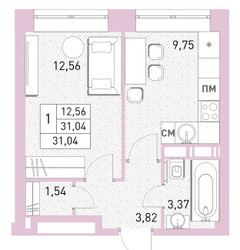 Планировка однокомнатной(квартира) площадью 30.9 квадратных метров в ЖК “ЖК Столичный”