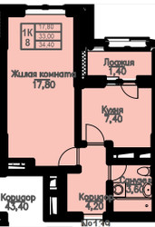 Планировка однокомнатной(квартира) площадью 33.8 квадратных метров в ЖК “ЖК Атлантис”