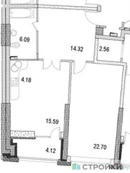 Планировка однокомнатной(апартаменты) площадью 67 квадратных метров в ЖК “ЖК Маршал”