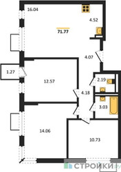 Планировка трехкомнатной(квартира) площадью 71.77 квадратных метров в ЖК “ЖК Мытищи Парк”