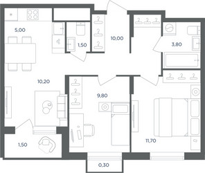 Планировка трехкомнатной(квартира) площадью 53.6 квадратных метров в ЖК “ЖК Равновесие”