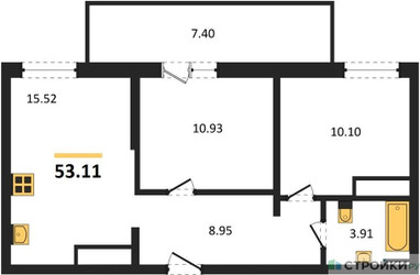 Планировка двухкомнатной(квартира) площадью 53.11 квадратных метров в ЖК “ЖК ВОСТОК II”