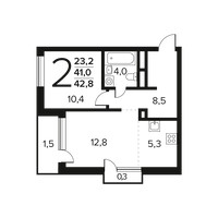 Планировка двухкомнатной(квартира) площадью 42.8 квадратных метров в “Новые Ватутинки. Заречный”