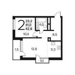 Планировка двухкомнатной(квартира) площадью 42.8 квадратных метров в ЖК “Новые Ватутинки. Заречный”