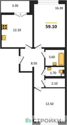 Планировка двухкомнатной(квартира) площадью 59.1 квадратных метров в ЖК “ЖК ЮЖНАЯ БИТЦА”