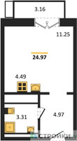 Планировка студии(квартира) площадью 24.97 квадратных метров в “ЖК Одинбург”