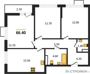 Планировка трехкомнатной(квартира) площадью 66.4 квадратных метров в ЖК “ЖК Бунинские кварталы”