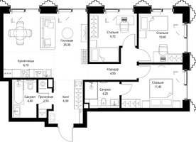 Планировка трехкомнатной(квартира) площадью 80.8 квадратных метров в “ЖК СЕТ”
