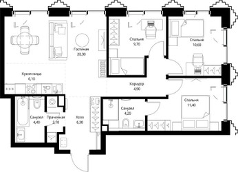 Планировка трехкомнатной(квартира) площадью 80.8 квадратных метров в ЖК “ЖК СЕТ”