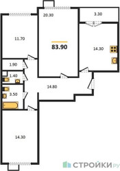 Планировка трехкомнатной(квартира) площадью 83.9 квадратных метров в ЖК “ЖК 1-й Ленинградский (Первый Ленинградский)”
