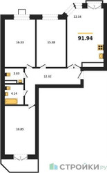 Планировка трехкомнатной(квартира) площадью 91.94 квадратных метров в ЖК “ЖК Мечта”