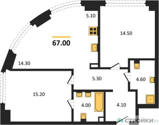 Планировка двухкомнатной(квартира) площадью 67.1 квадратных метров в ЖК “ЖК АЛИА”