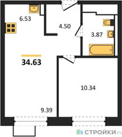 Планировка однокомнатной(квартира) площадью 34.63 квадратных метров в “ЖК Молжаниново”