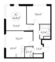 Планировка трехкомнатной(квартира) площадью 64.8 квадратных метров в “ЖК Переделкино Ближнее”