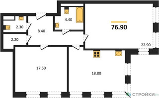 Планировка двухкомнатной(квартира) площадью 76.9 квадратных метров в “ЖК Full House (Фулл Хаус)”