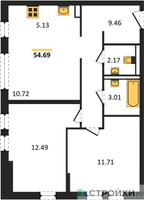 Планировка двухкомнатной(квартира) площадью 54.69 квадратных метров в “ЖК Остафьево”