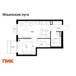 Планировка однокомнатной(квартира) площадью 32.88 квадратных метров в ЖК “ЖК Ильинские луга”