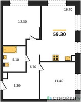 Планировка двухкомнатной(квартира) площадью 59.3 квадратных метров в “ЖК Шагал”