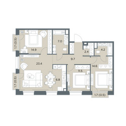 Планировка 4+ комнатной(квартира) площадью 96 квадратных метров в ЖК “ЖК Станиславский”