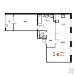 Планировка двухкомнатной(квартира) площадью 69.2 квадратных метров в ЖК “ЖК Новое Летово”