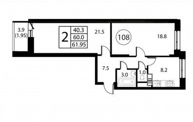 Планировка двухкомнатной(квартира) площадью 62 квадратных метров в ЖК “ЖК Космос”
