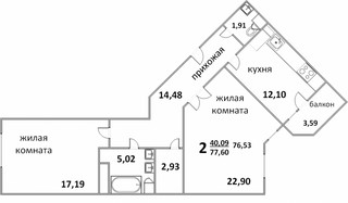 Планировка двухкомнатной(квартира) площадью 77.6 квадратных метров в “ЖК Народный”