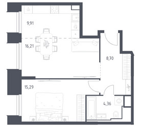 Планировка однокомнатной(апартаменты) площадью 54.47 квадратных метров в ЖК “ЖК Скай Спутник”