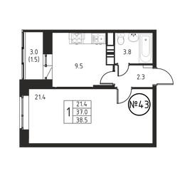 Планировка однокомнатной(квартира) площадью 38.5 квадратных метров в ЖК “ЖК Космос”