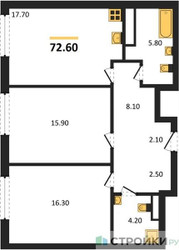 Планировка двухкомнатной(квартира) площадью 72.6 квадратных метров в ЖК “ЖК Крылатская 33”