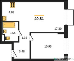 Планировка однокомнатной(квартира) площадью 40.81 квадратных метров в “ЖК Квартал Марьино”