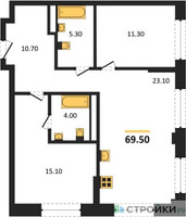 Планировка двухкомнатной(квартира) площадью 69.5 квадратных метров в “Архитектурный проект U2 (ЮТУ)”