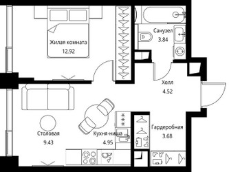 Планировка однокомнатной(квартира) площадью 39.34 квадратных метров в ЖК “ЖК Сити Бэй”