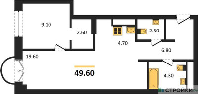 Планировка однокомнатной(квартира) площадью 49.6 квадратных метров в ЖК “ЖК Новые смыслы”