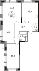 Планировка трехкомнатной(квартира) площадью 94.9 квадратных метров в ЖК “ЖК Первый Московский”