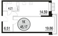 Планировка квартиры Однокомнатная (Квартиры)45.17