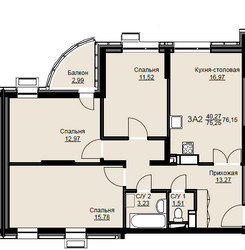 Планировка трехкомнатной(квартира) площадью 75.8 квадратных метров в ЖК “ЖК Соболевка”