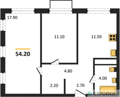 Планировка двухкомнатной(квартира) площадью 54.2 квадратных метров в “ЖК Шагал”