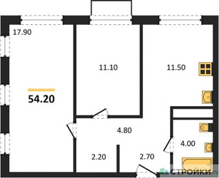 Планировка двухкомнатной(квартира) площадью 54.2 квадратных метров в ЖК “ЖК Шагал”