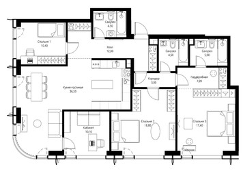 Планировка 4+ комнатной(квартира) площадью 129.4 квадратных метров в ЖК “ЖК Сити Бэй”