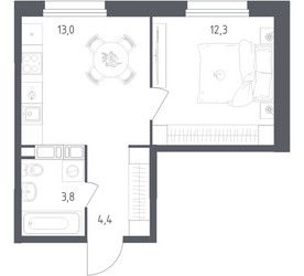 Планировка однокомнатной(квартира) площадью 33.5 квадратных метров в ЖК “ЖК Ольховый Квартал”