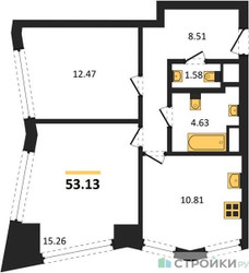 Планировка двухкомнатной(квартира) площадью 53.13 квадратных метров в ЖК “UNO Горбунова”